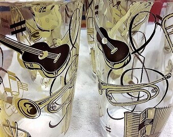 ONLY 274 On SaLE RARE Hazel Atlas "Jazz Music" 26pc Barware Glasses and More - 50s MCM Hazel Atlas Barware