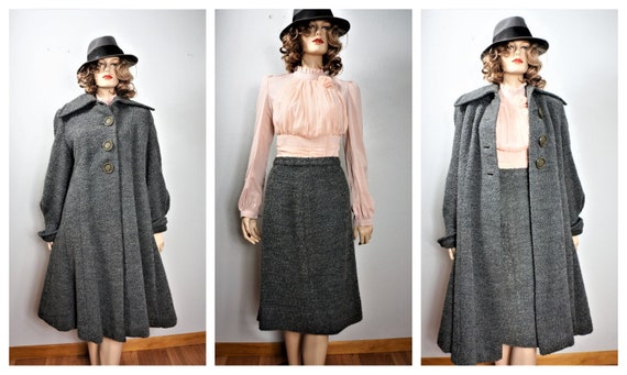 40's Grey Wool Swing Coat -100% Virgin Wool 2 Pc S