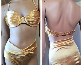 SALE - NWOT Vintage 80s Gold Lame' Bikini - DeWeese High Waist Bikini Sz M-L