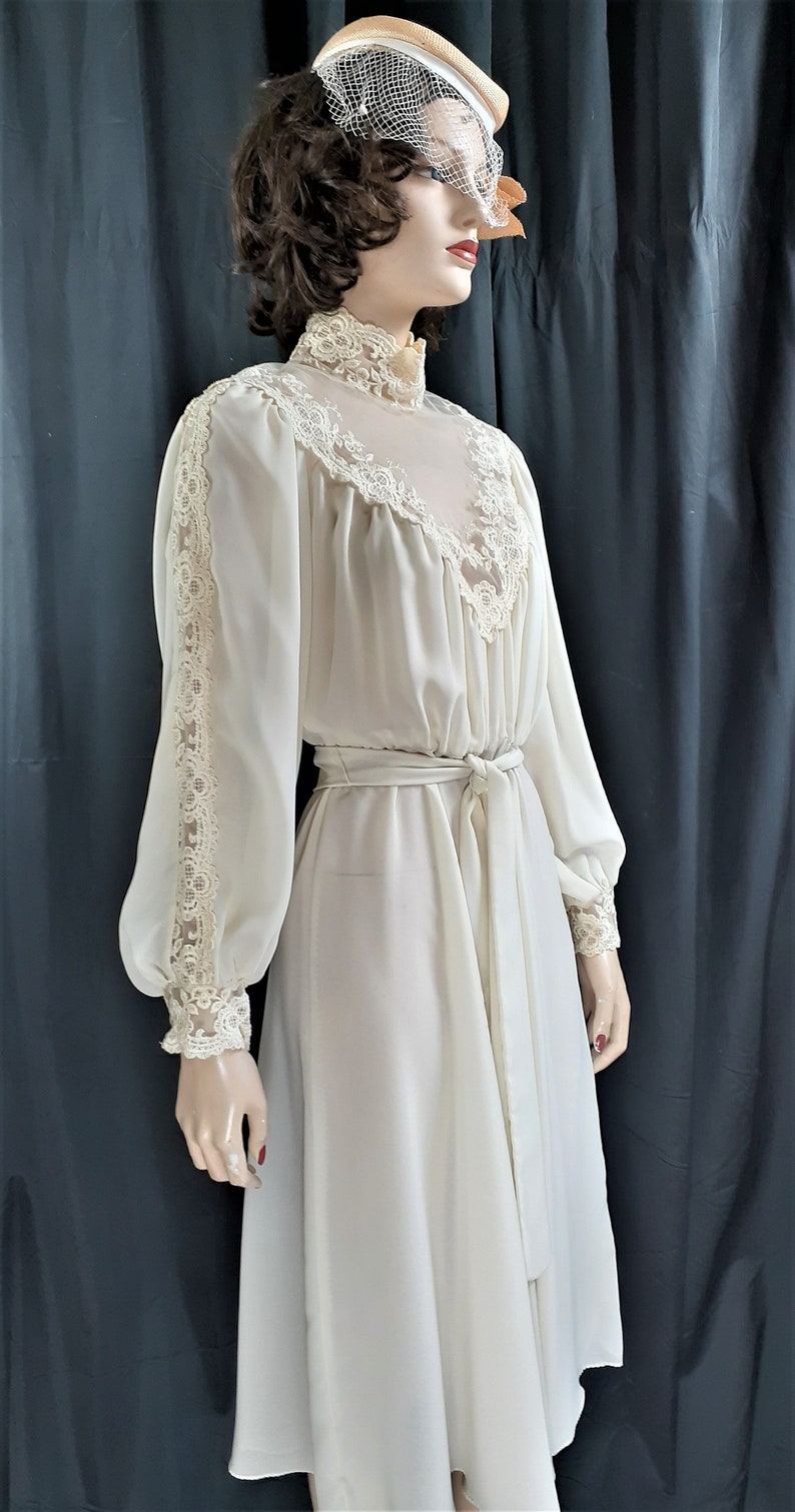 70/'s Edwardian Semi Sheer Lace Dress Edwardian Wedding Dress Vng Gunne Sax Style Wedding Dress