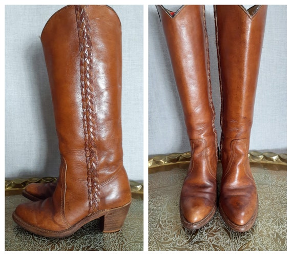 70s Frye Style Braided Leather Tall Campus Boots -