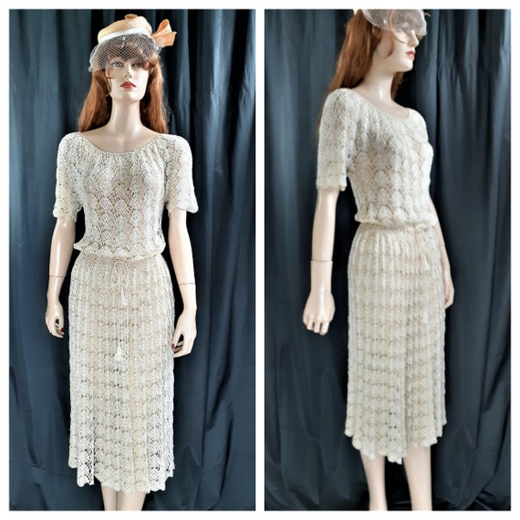 40s Pleated Sheer Knit Dress - Sheer Hand Knit Sca