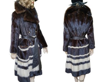 Vintage Luxury Ermine Mink Wrap Coat in STUNNING Condition. Striped Black and White Mink Midi Coat Full Sweep Wrap coat