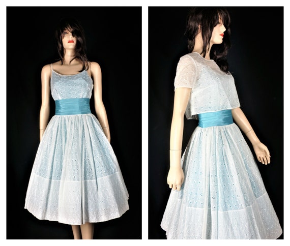50s Lace Party Dress - White Turquiose Eyelet Lace