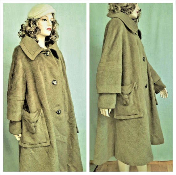 40's Designer Mohair Wool Swing Coat - 1940's Oliv
