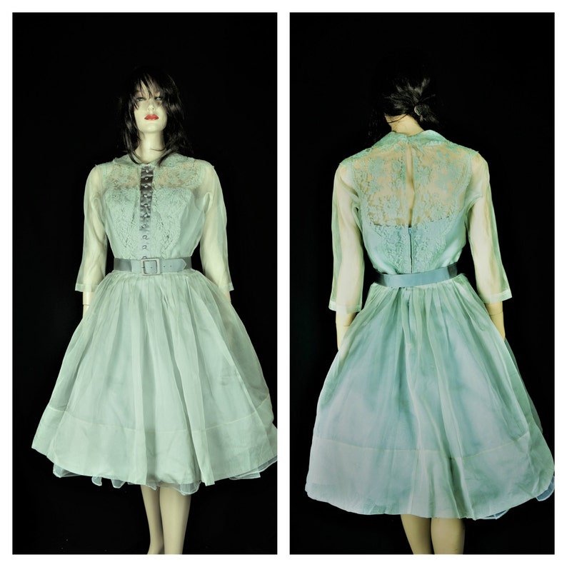Ms Maisel 40s Party Dress - 50's Mint Green Chiffon Lace Tea Length Party Dress - Vng 50's Sheer shops Overlay Satin and Chiffon Dress