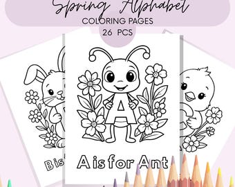 Frühling Alphabet Baby Shower Malbuch. ABC druckbare PDF Lernaktivität für Kinder.