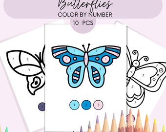 Malen nach Zahlen für Kinder. Einfach Druckbare PDF Malen nach Zahl Schmetterlinge Arbeitsblätter.