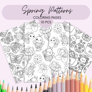 Könnte beinhalten: Ein Set von Malvorlagen zum Thema Frühling mit dem Text "Spring Patterns Coloring Pages 10 PCS". Die Seiten zeigen Strichzeichnungen von Bienen, Blumen, Schmetterlingen und anderen Frühlingsmotiven. Ein Satz Buntstifte ist unten sichtbar.