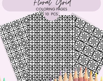 Entspannende Muster Ausmalbilder für Erwachsene. Druckbares PDF. Einfache geometrische Blumen Malvorlagen.