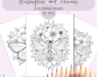 Fantasy Ausmalbilder für Erwachsene. Schmetterling und Blumen Malvorlagen zum Ausdrucken. Herunterladbare PDF-Malvorlage.