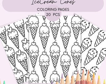 Sommerliche Ausmalbilder für Erwachsene und Kinder. 20 Eistüte Muster Ausmalbilder. Bold and Easy druckbares PDF Malbuch.