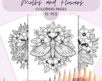 Fantasy Ausmalbilder für Erwachsene. Motte und Blume zum ausdrucken Ausmalen. Herunterladbare PDF-Malvorlage.