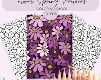 Frühlingsblumen Ausmalbilder für Erwachsene. Entspannende, mutige und einfach druckbare PDF-Blumenmuster.