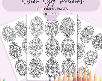 Osterei Bilder zum ausmalen für Erwachsene. Entspannende druckbare PDF Florale, mutige und einfache Muster. Volkskunst Thema.