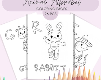 ABC Tier Alphabet Babyparty Malbuch. Druckbare PDF Lernaktivität für Kinder.