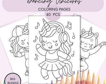 Tanzendes Einhorn zum Ausmalen. 40 mutige und einfach druckbare PDF-Übungsblätter für Mädchen