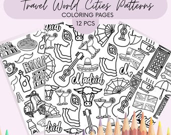 Ausmalbilder für Kinder und Erwachsene - Städte der Welt. Mutige und einfach druckbare Musterdesigns.