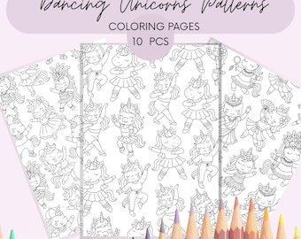 Tanzende Einhörner zum Ausmalen für Kinder. Fett und einfach druckbare PDF-Muster für Mädchen.