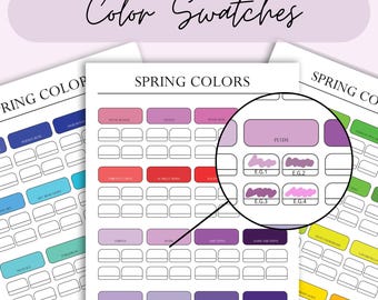 Farbmusterkarte mit Frühlingsfarbpalette. Druckbare Test und Label PDF Sheets für Marker und Bleistifte.