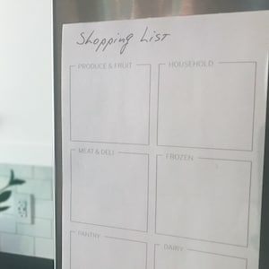 May include: A white shopping list on a stainless steel fridge. The list is divided into five sections: Produce & Fruit, Household, Meat & Deli, Frozen, and Dairy.