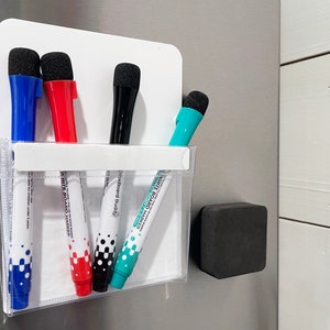 White Soft Plastic Magnetic Pen Holder, Magnetic Storage Pocket for Refrigerator, Fridge Dry-Erase Marker Holder, Pen Organizer for Fridge
