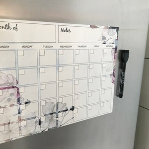 Dry Erase Pink and Blue Floral Monthly Calendar, Magnetic Organizer, Fridge Monthly Planner, Reusable Calendar, Refrigerator Planner