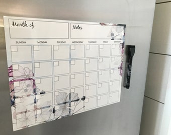 Dry Erase Pink and Blue Floral Monthly Calendar, Magnetic Organizer, Fridge Monthly Planner, Reusable Calendar, Refrigerator Planner