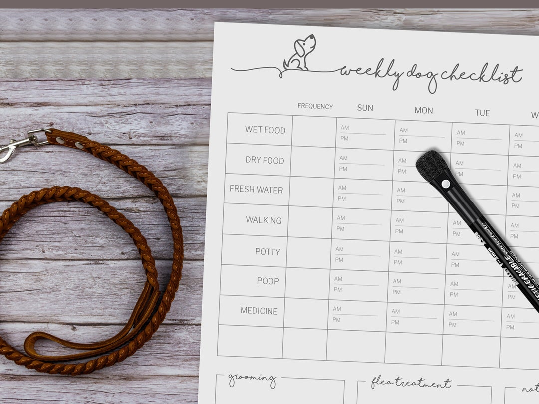 Dry Erase Weekly Dog Checklist, Minimalist Daily Dog Organizer