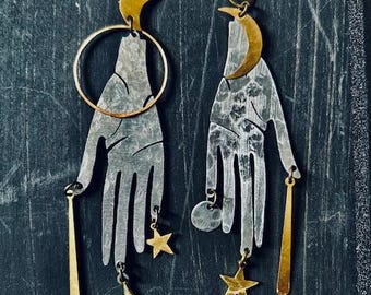 Good Witch Earrings, Tarot Earrings, Witchy Earrrings, Hand Earrings, Mixed Metal, Boho, Dangle Earrings, Psychic Earrings, Palm Earrings