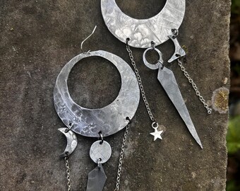 Goddess Dangle Earrings, Boho Celestial Moon Star Gypsy Style