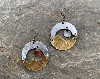 Mountain and Moon earrings, Mountain Hoops, Mountain Earrings, Mountain Range Earrings, Boho Earrings, Mixed Metal