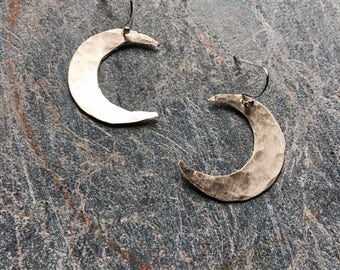 Hammered Brass Crescent Moon Earrings, Celestial Jewelry