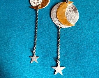 Assymeyrical Moon and Star Earrings, Sun Earrings, Moon Earrings, Sun and Moon Earrings, Dangle Earrings, Star Earrings, Celestial