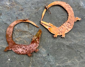 Copper Alligator Hoop Earrings, Hammered Texture Reptile Jewelry
