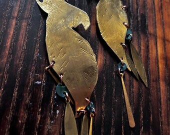Parrot Earrings, Bird Earrings, Boho Earrings, Brass Bird Earrings, Gold Parrot Earrings