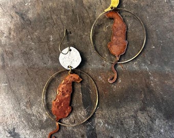 Puma earrings, leopard earrings, cat earrings, copper cat earrings, sun and moon earrings, celestial earrings