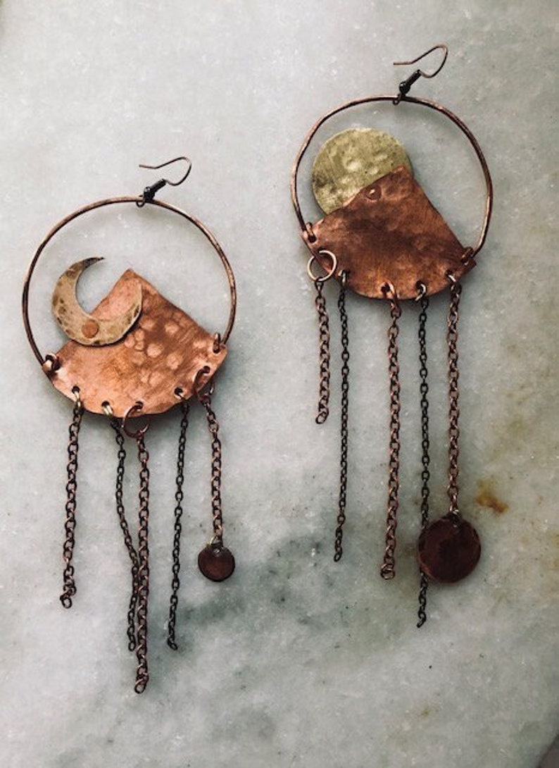 Mountain Earrings, Dangle Mountain Earrings, Mountain And Moon Earrings, Copper Mountain Earrings, Boho Earrings, Statement Earrings image 1