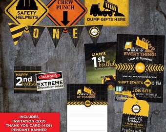 construction birthday invitation pendant banner thank you etsy