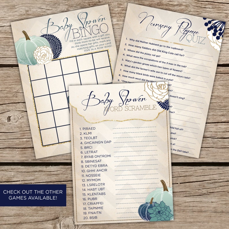Vintage Pumpkin Gold Autumn Invitation Kit Sparkle Aqua Baby Boy Shower Rustic Fall Party Kit Chevron Floral Blue Navy Co-ed