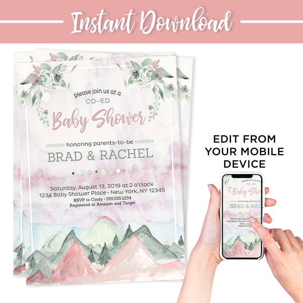 Editable Baby Shower Invitation Template, Adventure Awaits Baby Shower Invitation, Baby Girl, Mountain, Instant Download, Boho Baby Shower