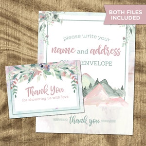 Tarjeta de agradecimiento para baby shower, despedida de soltera, dirección en un sobre, tema de aventura, montaña, baby shower de niña, paquete de baby shower, imprimible
