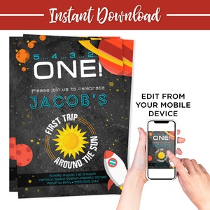 Editable Space Invitation Template, Space Birthday Invitations, 1st Birthday boys, First Trip around the sun, Digital download, Electronic