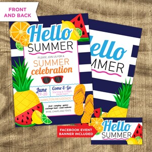 Puede incluir: Invitaci&oacute;n a una celebraci&oacute;n de verano con un fondo a rayas azules y blancas. El dise&ntilde;o incluye el texto "Hello Summer", junto con ilustraciones de pi&ntilde;a, sand&iacute;a, limones y gafas de sol. Se incluye un banner de evento de Facebook.