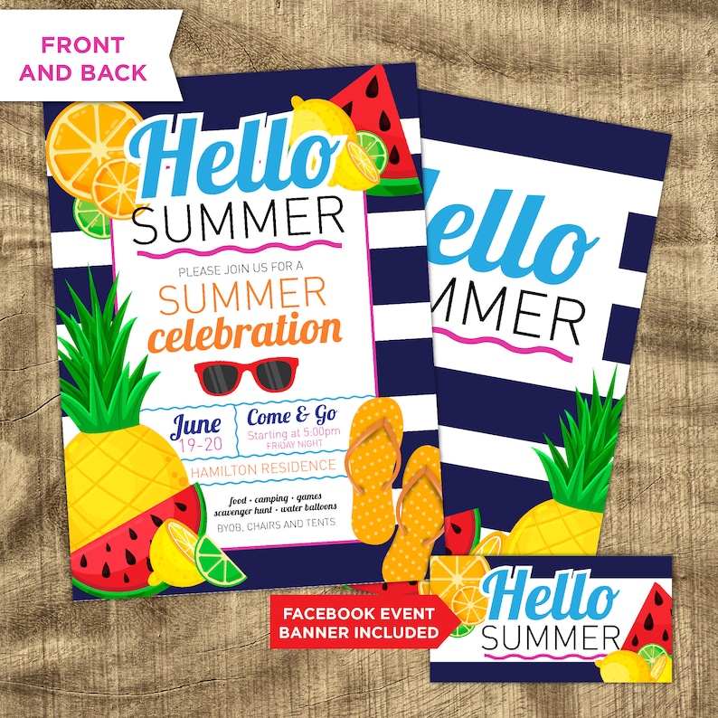 Puede incluir: Invitaci&oacute;n a una celebraci&oacute;n de verano con un fondo a rayas azules y blancas. El dise&ntilde;o incluye el texto "Hello Summer", junto con ilustraciones de pi&ntilde;a, sand&iacute;a, limones y gafas de sol. Se incluye un banner de evento de Facebook.