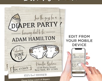 May include: A printable diaper party invitation with a rustic wood background. The invitation features a baby bottle, two diapers, and the text "Join the guys for a Diaper Party honoring dad-to-be Adam Hamilton. Saturday, June 12, five o'clock. Hamilton Residence, 1234 Party Street, New York, NY 12345. RSVP 5555551234. Please bring a pack of diapers - any brand, any size -."