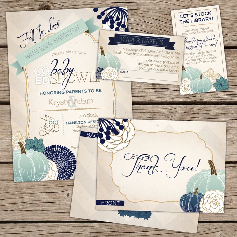 Vintage Pumpkin Gold Autumn Invitation Kit Sparkle Aqua Baby Boy Shower Rustic Fall Party Kit Chevron Floral Blue Navy Co-ed