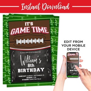 Editable Template, Football Party Invitation, Instant Download, birthday theme for boys, 7th birthday, 8th, Digital Invite, Edit yourself