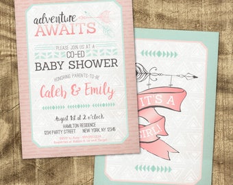 Baby Girl Shower Invitation, Co-ed Baby Shower, Adventure Baby Shower Invite, Boho Shower, Adventure Awaits, Bohemian, Pink, Mint, modern