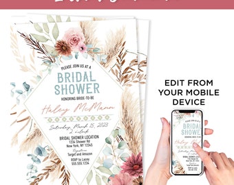 Western Bridal Shower Invitation Template, Floral Shower Invites, Boho Bridal Shower, Instant Download, Digital Invitation, Bohemian invite